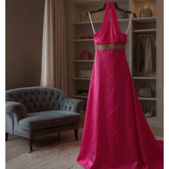 Betsy & Adam hot Pink Embroidered Halter Gown Sz 2 - Picture 2 of 9